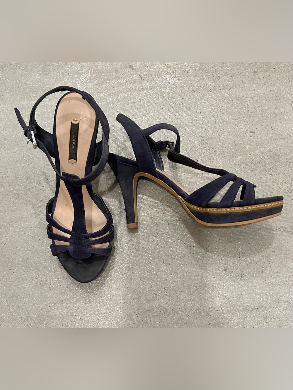 Zara Deep Blue Suede T-Strap Platform High Heel Sandals Good Used Condition
